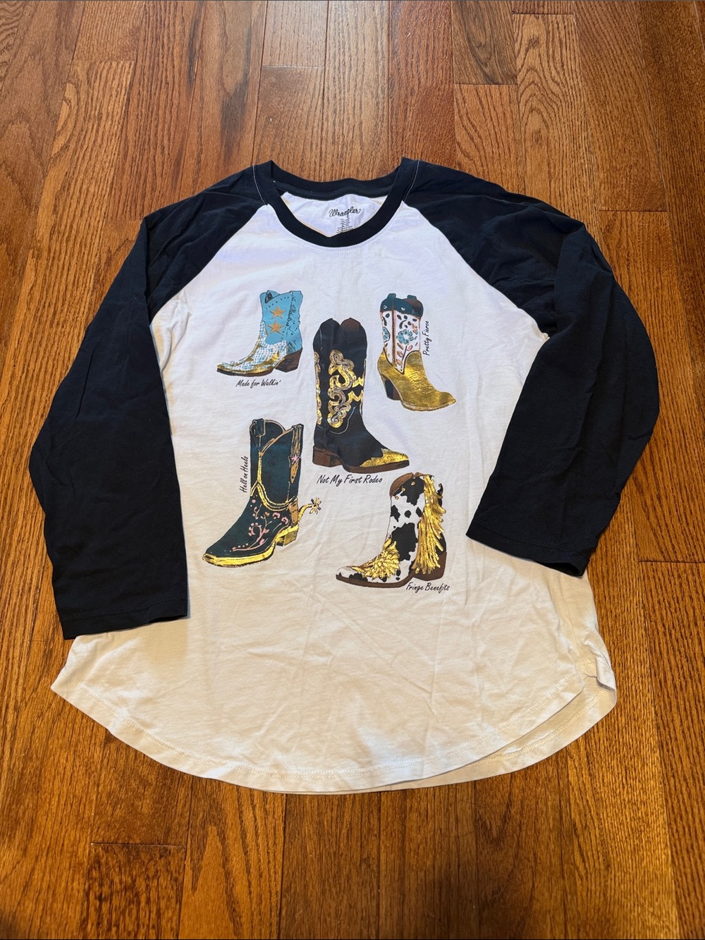 Wrangler Black & White Raglan Long Sleeve Tee with Cowboy Boot Graphic